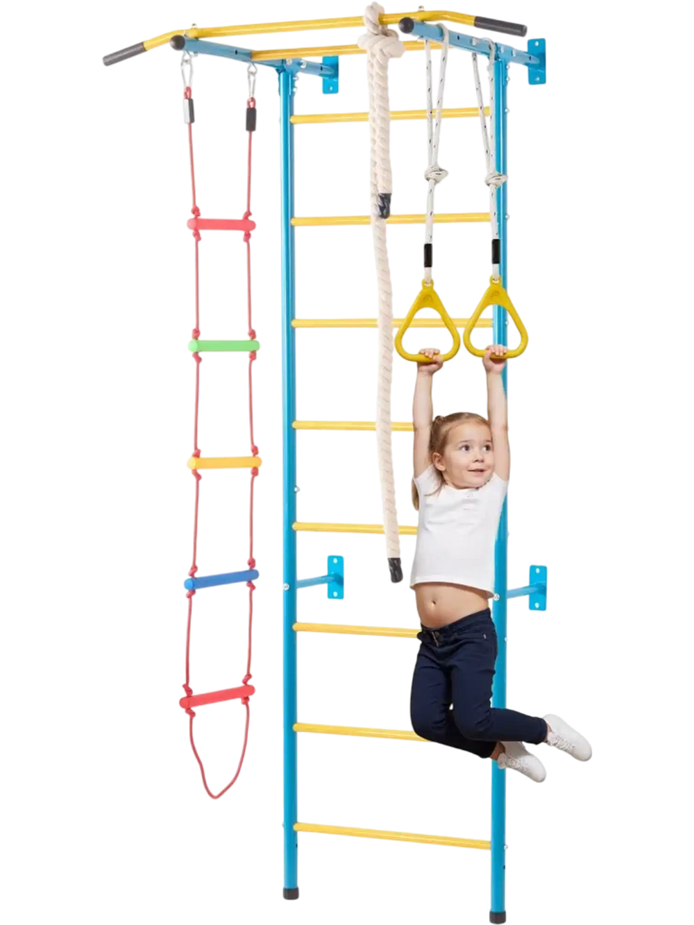 VEVOR Indoor Jungle Gym for Toddlers, 5-in-1 Climbing Playset with Carbon Steel Swedish Ladder, Wall Ladder, Pull-Up Bar, Rope Ladder, and Gymnastic Rings, Supports 220 lbs, Multicolor
