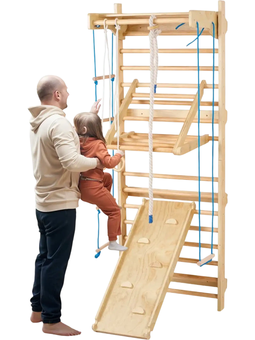 VEVOR Swedish Ladder Wall Gym, 8 in 1 Wooden Indoor Playground Climbing Toys, 220 lbs Load Capacity Swedish Wall Ladder with Pull-Up Bar, Gym Rings, Swing Seat, Rope Ladder, Wall Ladder, Slide Board
