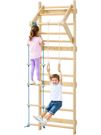 VEVOR Swedish Ladder Wall Gym, 4-in-1 8-Level Indoor Jungle Gym, 220LBS Loading Solid Wood Gymnastic Stall Bars, Indoor Playground Climbing Playset with Gym Rings, Pull-Up Bar, Rope Ladder, Wall Ladder