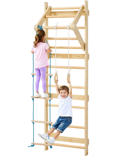 VEVOR Swedish Ladder Wall Gym, 4-in-1 8-Level Indoor Jungle Gym, 220LBS Loading Solid Wood Gymnastic Stall Bars, Indoor Playground Climbing Playset with Gym Rings, Pull-Up Bar, Rope Ladder, Wall Ladder
