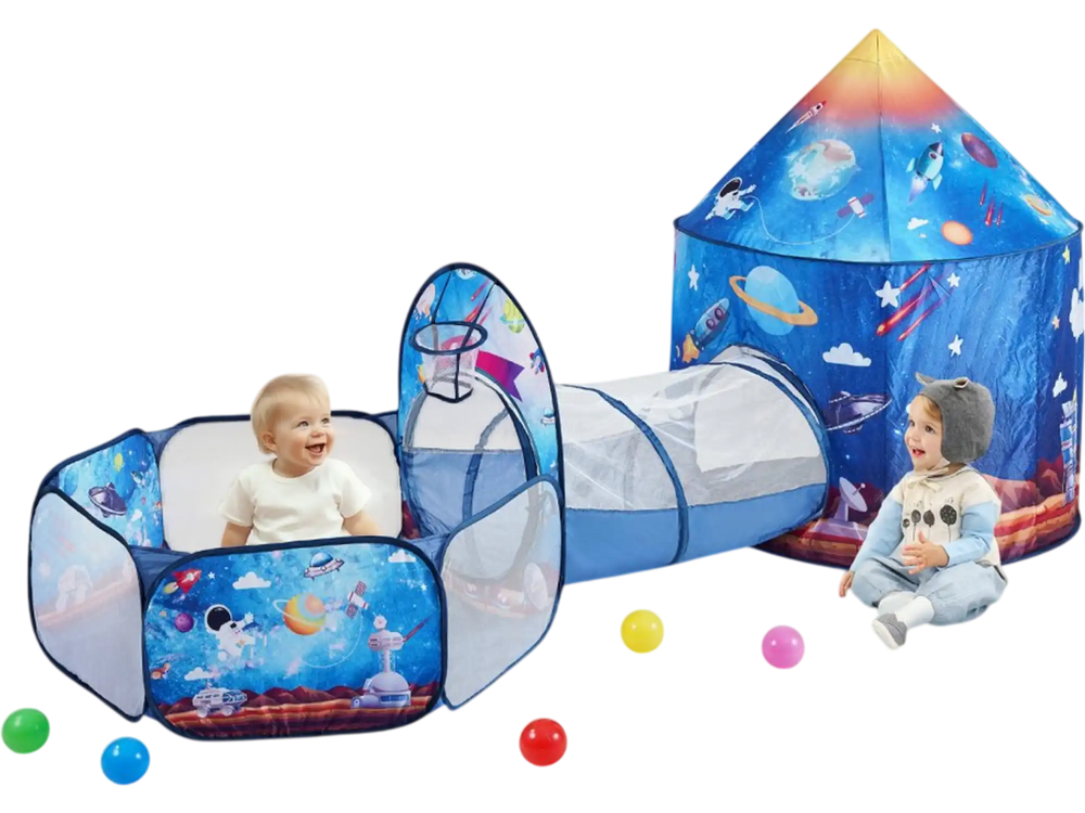 VEVOR 3 in 1 Kids Play Tent with Tunnel for Boys, Girls, Babies and Toddlers, Indoor/Outdoor Pop Up Playhouse with Carrying Bag & Banding Straps Birthday Gifts, Royal Blue Color Rocket Theme