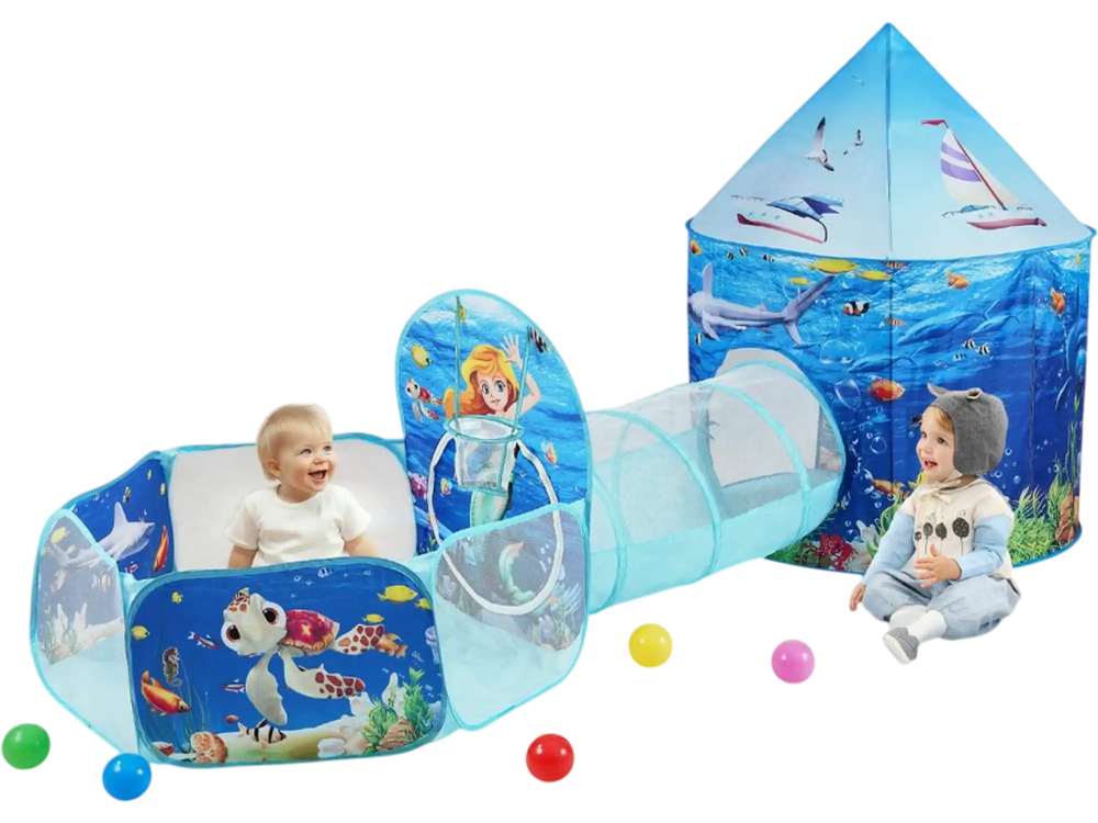 VEVOR 3 in 1 Kids Play Tent with Tunnel, Basketball Hoop for Boys, Girls, Babies and Toddlers, Indoor/Outdoor Pop Up Playhouse with Carrying Bag & Banding Straps Birthday Gifts, Blue Ocean