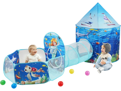 VEVOR 3 in 1 Kids Play Tent with Tunnel, Basketball Hoop for Boys, Girls, Babies and Toddlers, Indoor/Outdoor Pop Up Playhouse with Carrying Bag & Banding Straps Birthday Gifts, Blue Ocean