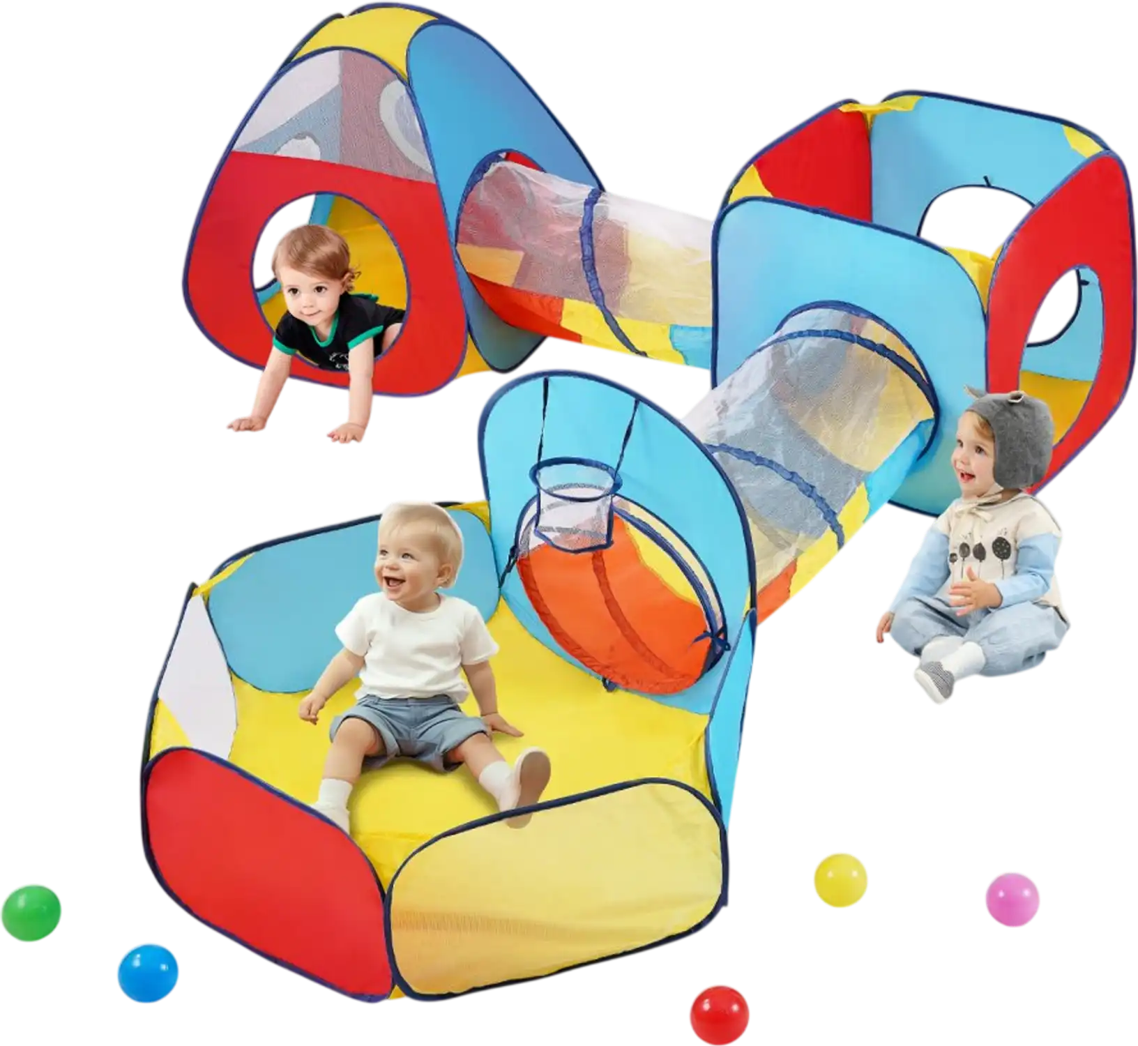 Vevor Kids Play Tent 5-in-1 Indoor Outdoor Pop Up Playhouse with Tunnel Basketball Hoop Red Yellow Blue New