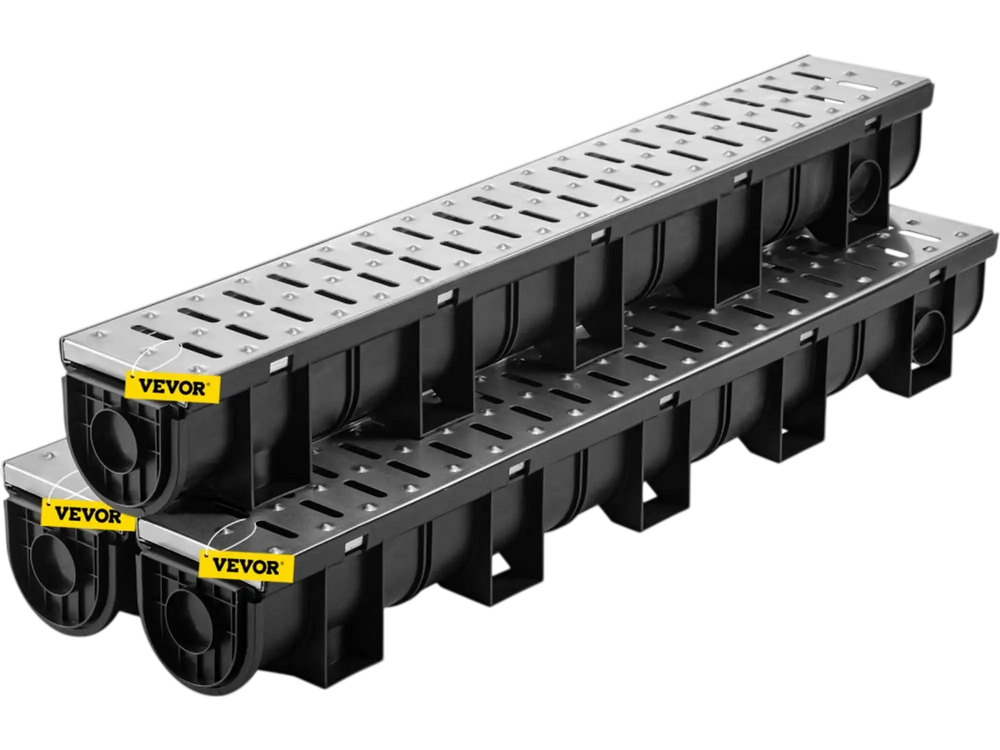 VEVOR Trench Drain System, Channel Drain with Metal Grate, 5.9x5.1-Inch HDPE Drainage Trench, Black Plastic Garage Floor Drain, 3x39 Trench Drain Grate, with 3 End Caps, for Garden, Driveway-3 Pack
