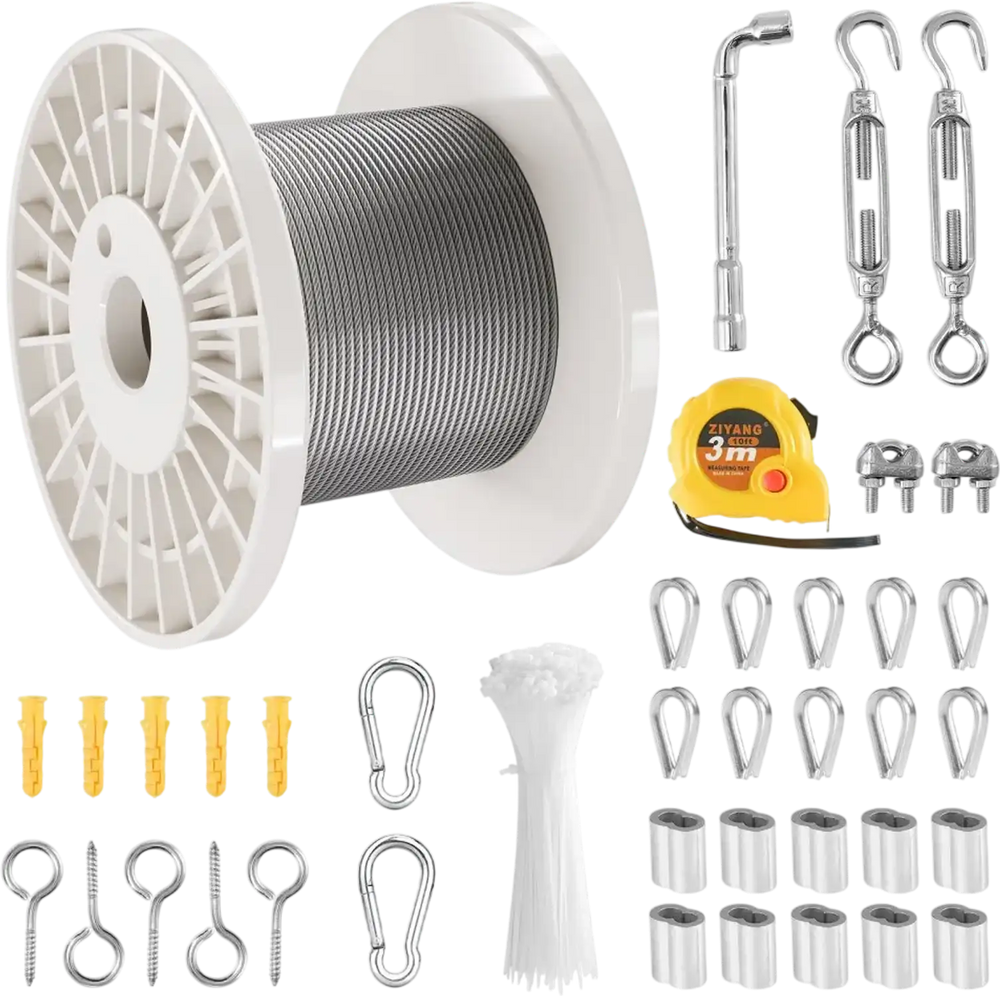 VEVOR Wire Rope Kit, 1/8" 100 ft 304 Stainless Steel Cable with 59 Accessories, 650 lbs Breaking Strength, 7x7 Strands Construction Marine Aircraft Grade for Handrail Stair Decking Fence Outdoors