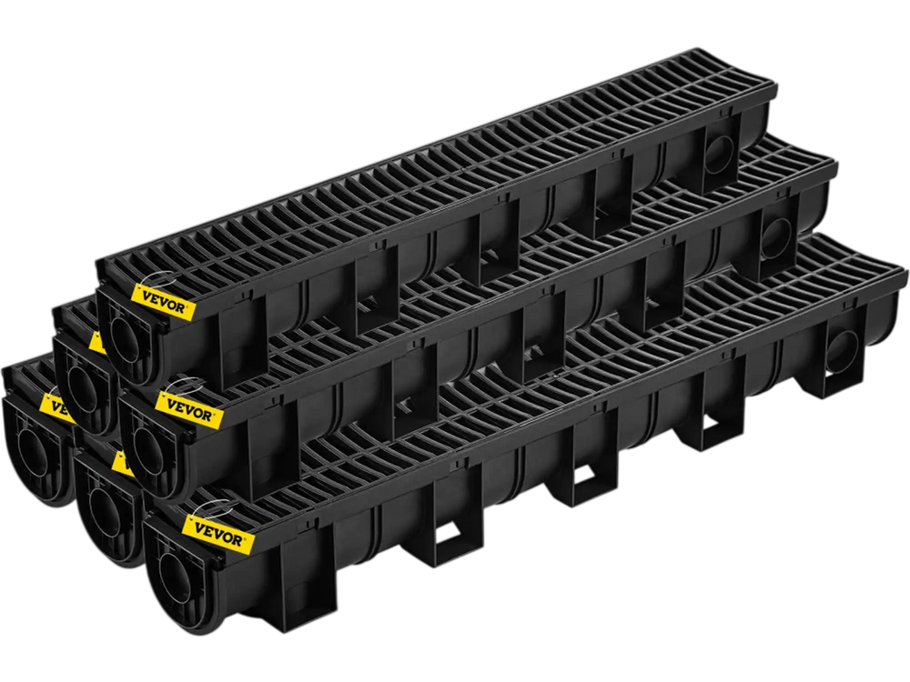 VEVOR Trench Drain System, Channel Drain with Plastic Grate, 5.9x5.1-Inch HDPE Drainage Trench, Black Plastic Garage Floor Drain, 6x39 Trench Drain Grate, with 6 End Caps, for Garden, Driveway-6 Pack