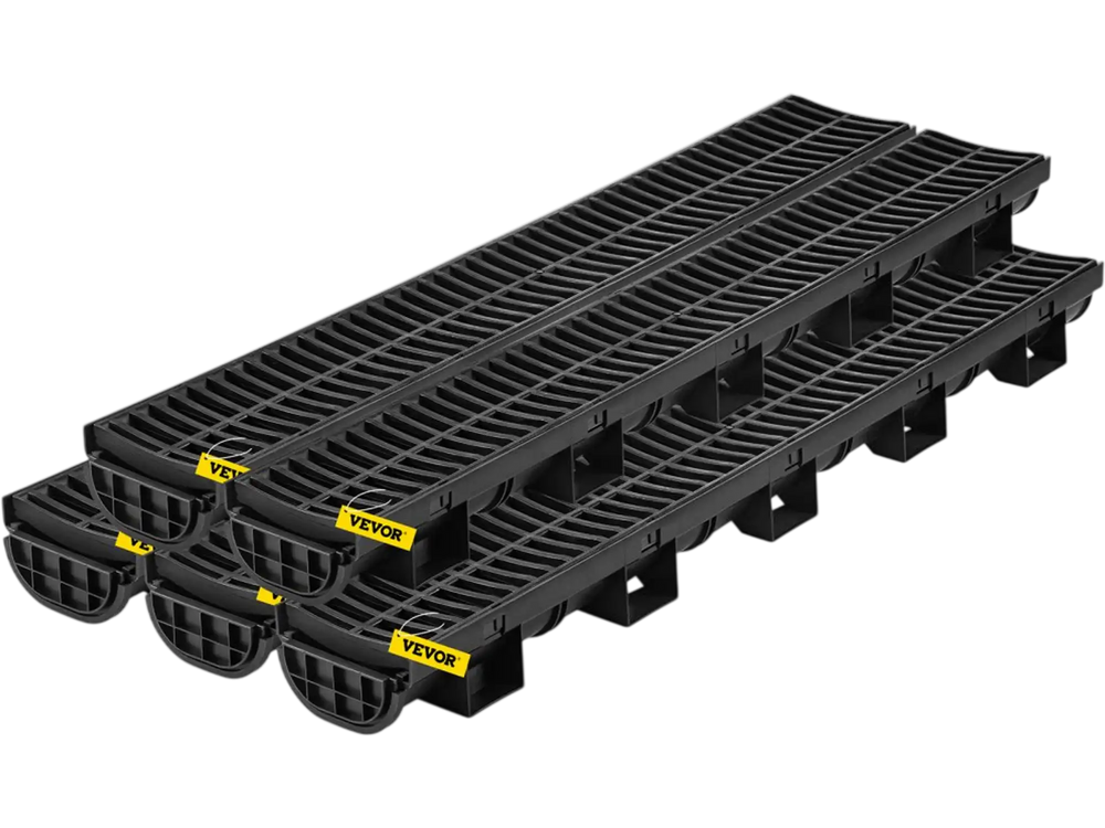 VEVOR Trench Drain System, Channel Drain with Plastic Grate, 5.7x3.1-Inch HDPE Drainage Trench, Black Plastic Garage Floor Drain, 5x39 Trench Drain Grate, with 5 End Caps, for Garden, Driveway-5 Pack