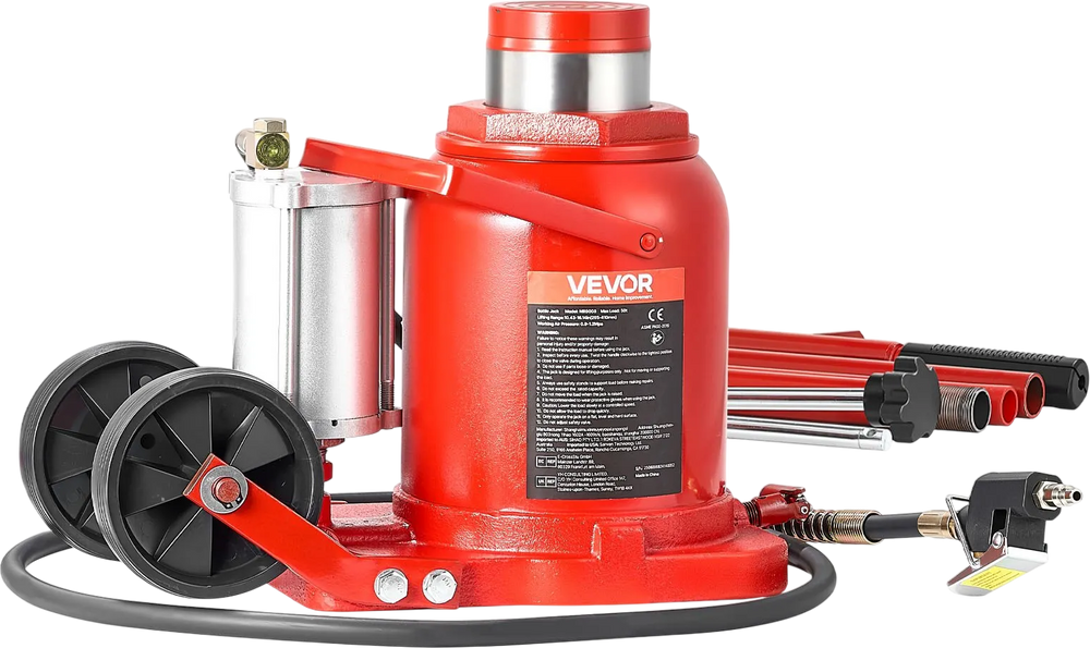 VEVOR Air Hydraulic Bottle Jack, 50 Ton (110231.5 lbs) Capacity, 10.4-16.1 Inch Lifting Range, Pneumatic/Manual Heavy Duty Welded Bottle Jack with Pump for Car, SUV, Pickup, Truck, RV Auto Repair, Red