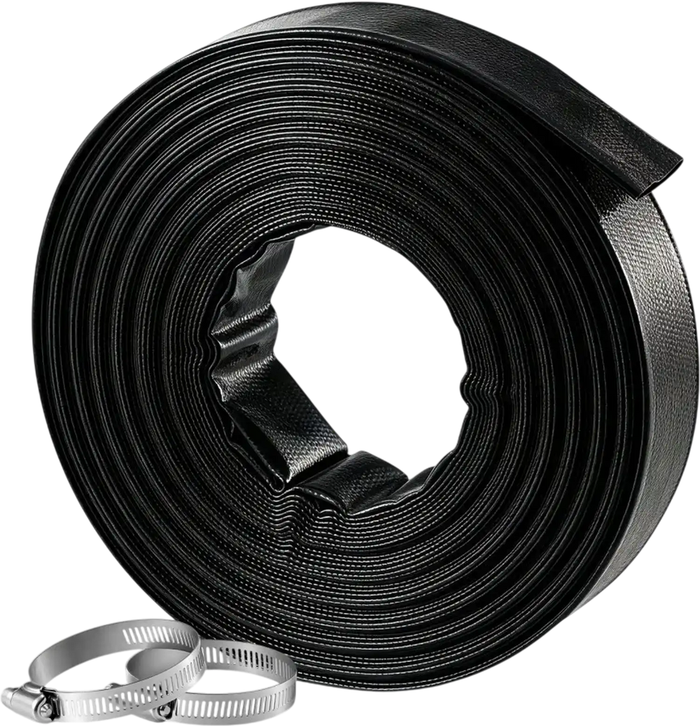 VEVOR Discharge Hose 2" x 100 ft PVC Lay Flat Backwash Water Pump Hose, for Swimming Pool Sand Filter & Sump Pump, Heavy Duty, Water Transfer Drainage, Weather & Burst-Resistant, with Clamps, Black