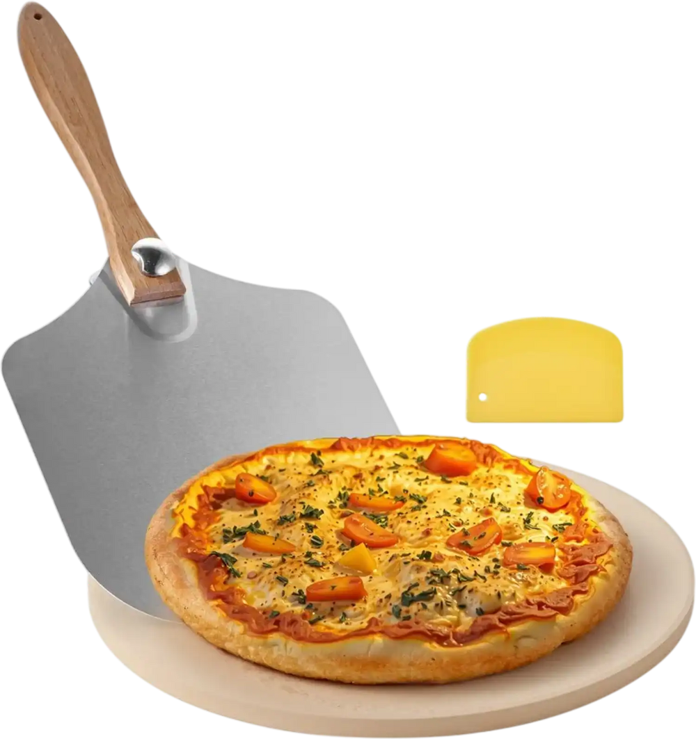 VEVOR Pizza Stone, 15 in Round Pizza Stone,  0.67 in Large Cordierite Baking-Stone with Metal Peel, Scrape, 1450℉ Heat-Resistant Cooking Stones, for Kitchen Oven, Baking Pizzas, BBQ Grilling