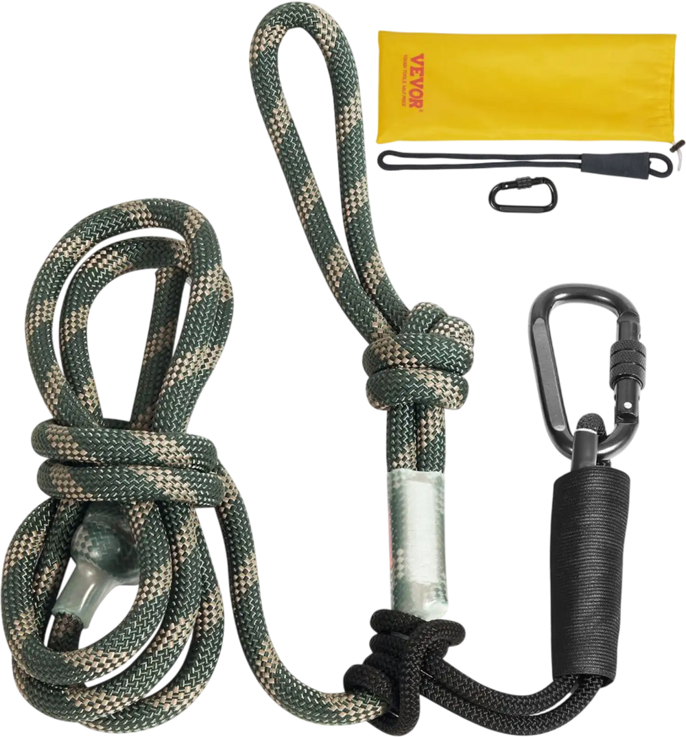 VEVOR Tree Stand Safety Rope, 9 ft/2.7 M Treestand Lifeline Rope 30KN Breaking Tension, 0.6'' Hunting Safety Line with Prusik Knot, 2pcs Carabiner and Silencer, for Treestrap and Climbing