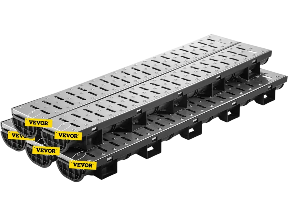 VEVOR Trench Drain System, Channel Drain with Metal Grate, 5.7x3.1-Inch HDPE Drainage Trench, Black Plastic Garage Floor Drain, 5x39 Trench Drain Grate, with 5 End Caps, for Garden, Driveway-5 Pack