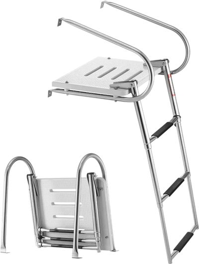VEVOR Boat Ladder, 3 Steps, Stainless Steel Telescoping Folding Swim Deck Ladder for Rear Entry Inboard, 400 lbs Capacity with Wide Anti-Slip Steps & Handrails, for Outboards, Yacht, Pontoon Boats