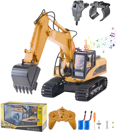 VEVOR Remote Control Excavator Toy, 15 Channel, 3 in 1 Remote Control Digger with Metal Shovel, 1:14 Scale RC Excavator with Light & Sound, Full Functional Construction Vehicles for Kids, 2 Batteries