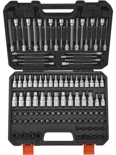 VEVOR Bit Socket Set, 107-Piece SAE and Metric, Hex/Torx/External Torx/Tamper-Proof/Extra Long, S2 Alloy Steel and Cr-V Steel, 1/4 in, 3/8 in, and 1/2 in Drives, with Enhanced Storage Case, Hand Use