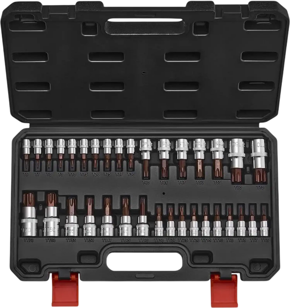 VEVOR Torx Bit Socket Set, 34-Piece Solid Star and Tamper Proof T6-T70, S2 Alloy Steel and Cr-V Steel, 1/4 in, 3/8 in, and 1/2 in Drives, with Enhanced Storage Case, Torx Sockets for Hand Use