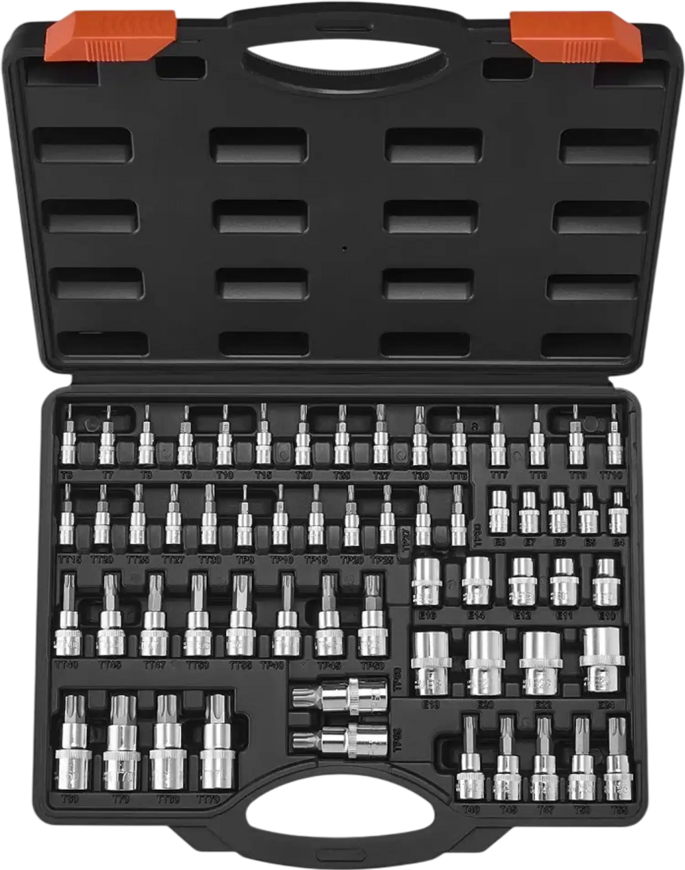VEVOR Torx Bit Socket and External Torx Socket Set, 60-Piece T6-T70, TT6-TT70, TP8-TP60, E4-E24, S2 Alloy Steel and Cr-V Steel, 1/4 in, 3/8 in, and 1/2 in Drives, with Enhanced Storage Case, Hand Use
