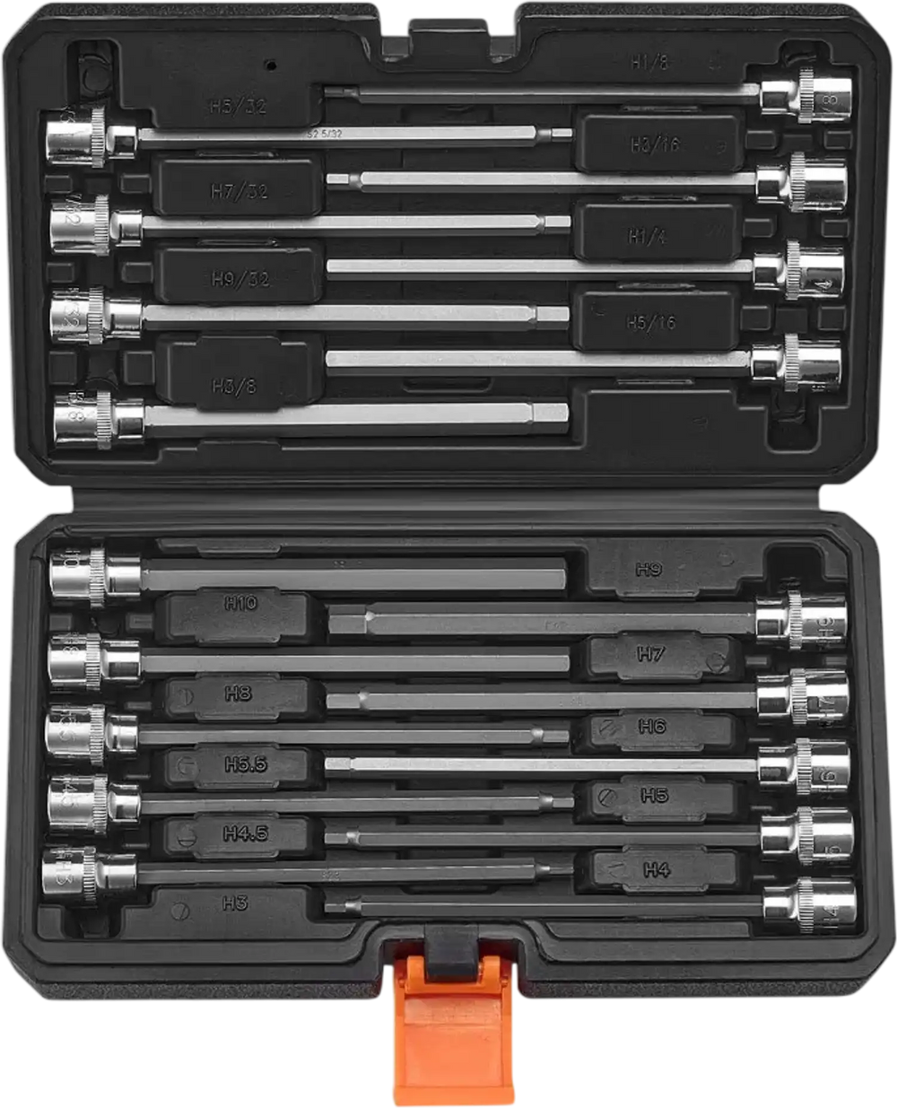 VEVOR Extra Long Allen Hex Bit Socket Set, 18-Piece 3/8 inch Drive, S2 Alloy Steel and Cr-V Steel, Standard SAE and Metric 1/8-Inch-3/8-Inch, 3-12mm, with Enhanced Storage Case, for Mechanics