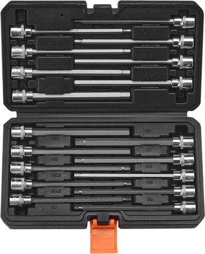 VEVOR Extra Long Allen Hex Bit Socket Set, 18-Piece 3/8 inch Drive, S2 Alloy Steel and Cr-V Steel, Standard SAE and Metric 1/8-Inch-3/8-Inch, 3-12mm, with Enhanced Storage Case, for Mechanics