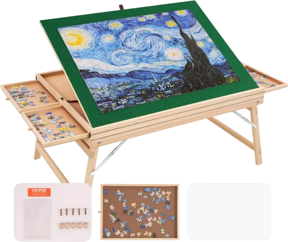 VEVOR 1500 Piece Puzzle Table with Folding Legs, 4 Drawers and Cover, 32.7"x24.6" Wooden Jigsaw Puzzle Plateau, Adjustable 3-Tilting-Angle Puzzle Board, Puzzle Storage System for Adults, Gift for Mom