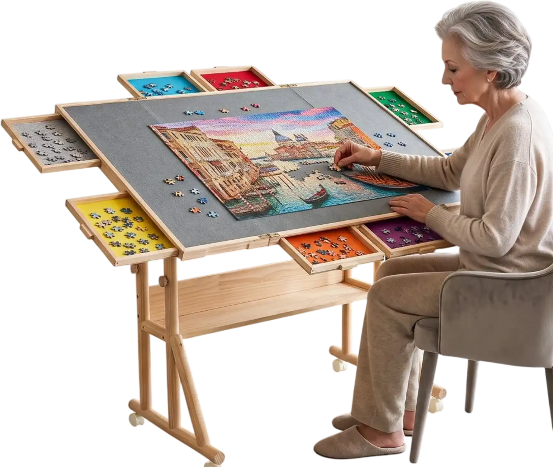 Vevor Jigsaw Table 2000-Piece Rotating Puzzle Table with Legs Wheels 8 Drawers 40x29