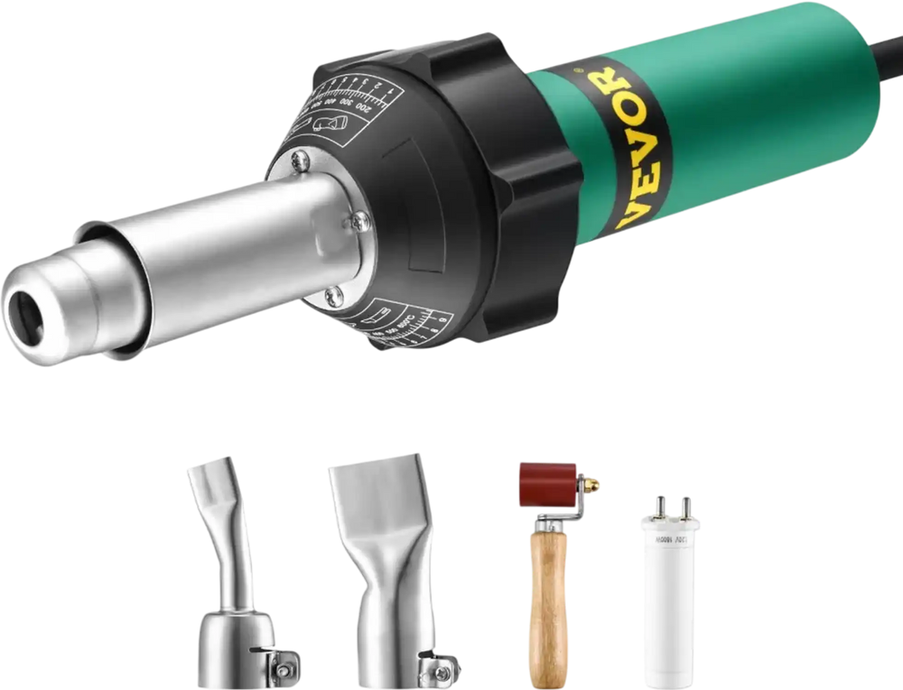 VEVOR Hot Air Plastic Welder, 1600W Hot Air Torch Pistol, 122-1112℉ PVC TPO Vinyl Heat Gun Welding Torch, Plastic Welding Roofing Kit with 4 Accessories - 2 Nozzles & 1 Seam Roller for PP/PE/PVC Sheet