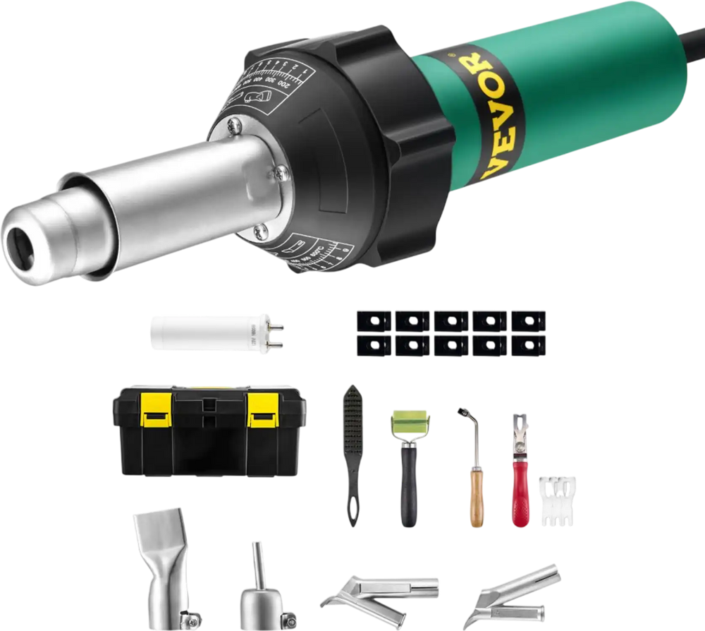 VEVOR Hot Air Plastic Welder, 1600W Hot Air Torch Pistol, 122-1112℉ PVC TPO Vinyl Heat Gun Welding Torch, Plastic Roofing Welding Kit with 11 Accessories- Toolbox, Nozzle, Roller, Blades for PP/PE/PVC