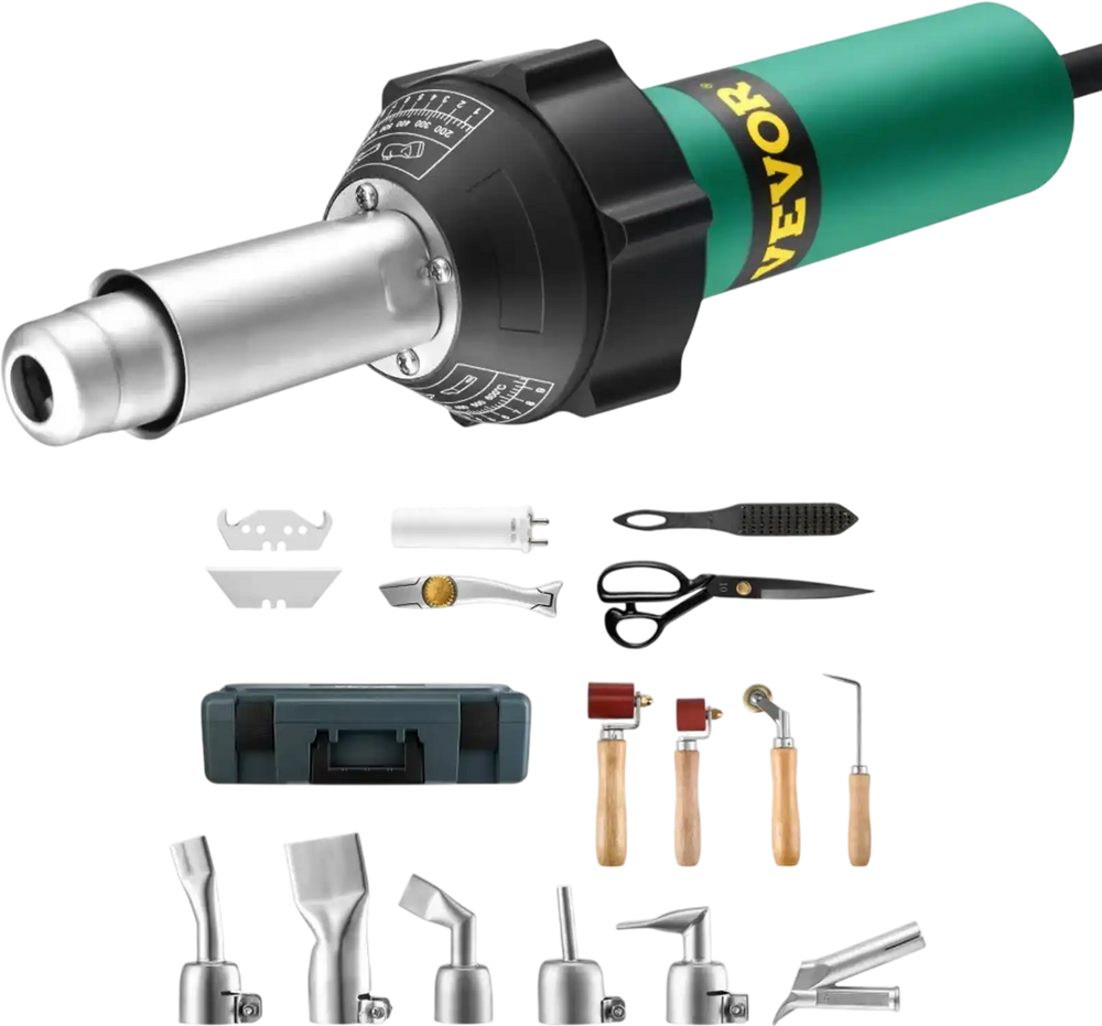 VEVOR Hot Air Plastic Welder, 1600W Hot Air Torch Pistol, 122-1112℉ PVC TPO Vinyl Heat Gun Welding Torch, Plastic Roofing Welding Kit with 17 Accessories- Toolbox, Nozzle, Roller, Blades for PP/PE/PVC