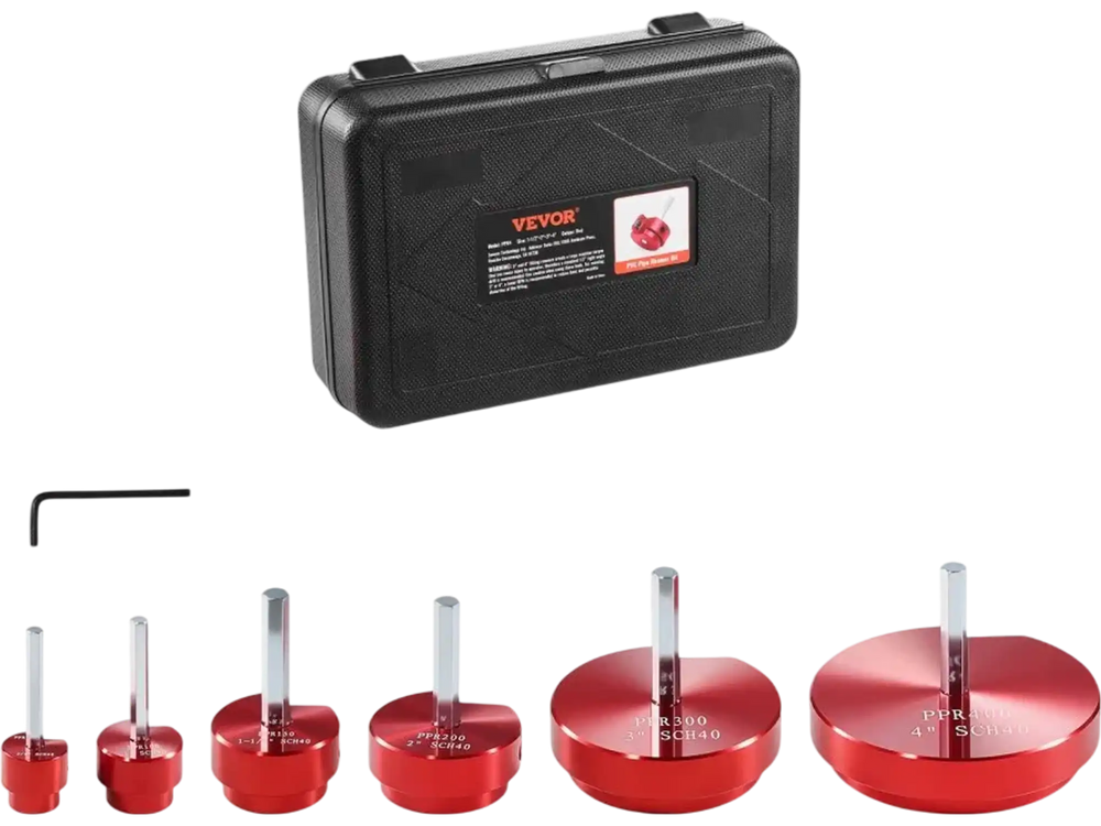 VEVOR 6Pcs PVC Pipe Reamer Kit, Plastic Pipe Fitting Socket Saver Kit, Includes 3/4", 1", 1-1/2", 2", 3", 4'', for PVC, CPVC, ABS Fittings, with Tool Box, for Exhaust, Drain, Water Pipes Cleaning