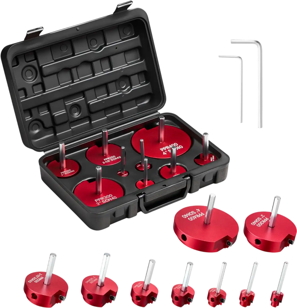 VEVOR PVC Pipe Reamer Kit, 9-Piece, PVC Fitting Socket Saver, Includes 1/2", 3/4", 1", 1-1/4", 1-1/2", 2", 2-1/2", 3", 4", Fits Standard 1/2" Drills, Plumbing Tool Kit for SCH40 ABS CPVC Drain Pipes