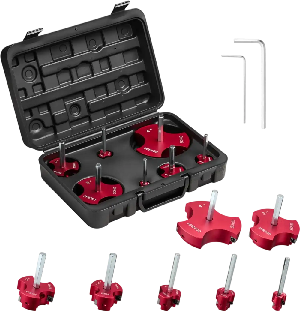VEVOR PVC Pipe Reamer Kit, 7-Piece, 3 Blades PVC Fitting Socket Saver, Includes 1/2", 3/4", 1", 1-1/2", 2", 3", 4", Fits Standard 1/2" Drills, Plumbing Tool Kit for SCH40 ABS CPVC Vent Drain Pipes