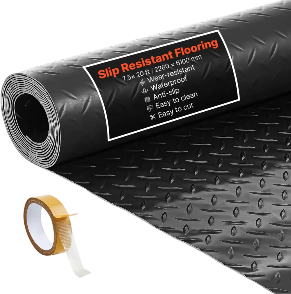 VEVOR Garage Floor Roll, 7.5 x 20 ft Garage Flooring Mat, 2.2 mm Thickened PVC Diamond Plate Floor Protector Mat with Double-sided Tape, Non-Slip, Easy to Clean for Warehouse, Gyms, Trailer, Black