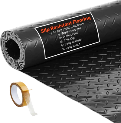 VEVOR Garage Floor Roll, 7.5 x 20 ft Garage Flooring Mat, 2.2 mm Thickened PVC Diamond Plate Floor Protector Mat with Double-sided Tape, Non-Slip, Easy to Clean for Warehouse, Gyms, Trailer, Black