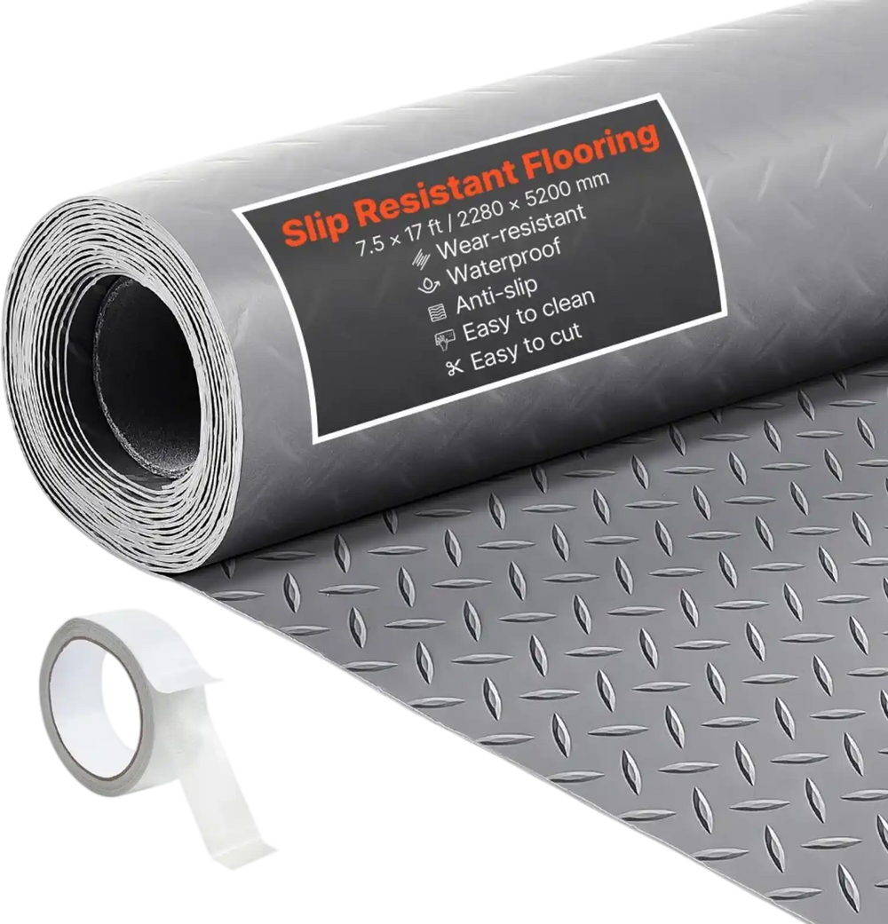 VEVOR Garage Floor Roll, 7.5 x 17 ft Garage Flooring Mat, 2.2 mm Thickened PVC Diamond Plate Floor Protector Mat with Double-sided Tape, Non-Slip, Easy to Clean for Warehouse, Gyms,Silver Gray