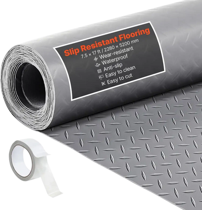 VEVOR Garage Floor Roll, 7.5 x 17 ft Garage Flooring Mat, 2.2 mm Thickened PVC Diamond Plate Floor Protector Mat with Double-sided Tape, Non-Slip, Easy to Clean for Warehouse, Gyms,Silver Gray