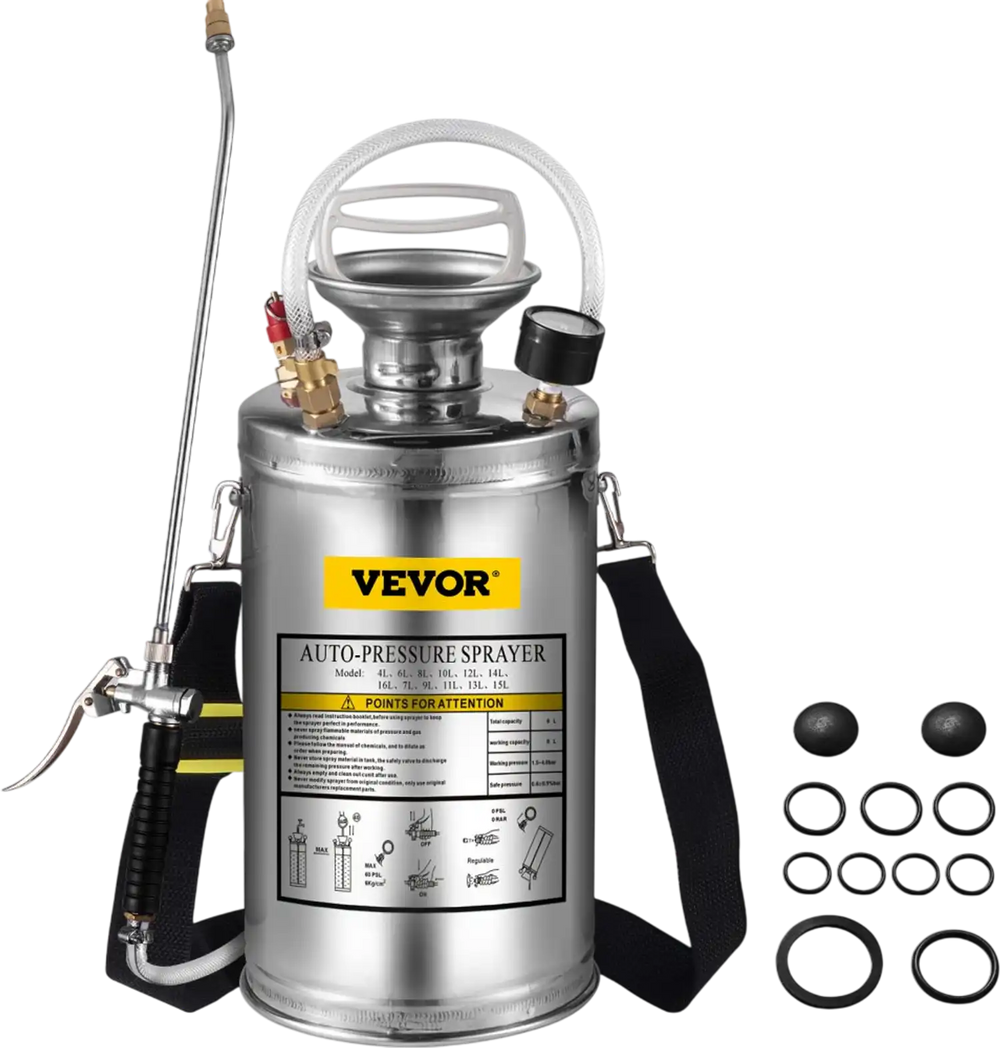 VEVOR 1.5Gal Stainless Steel Sprayer, Set with 16\" Wand& Handle& 3.3FT Reinforced Hose, Hand Pump Sprayer with Pressure Gauge&Safety Valve, Adjustable Nozzle Suitable for Gardening& Sanitizing