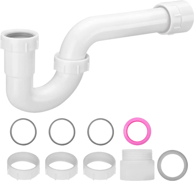 VEVOR P-Trap, 1-1/2 Inch P Trap Sink Drain Pipe Kit with Threaded Adapter and TPU Leak-Resistant Washers, PP Plastic Pipe Basin Waste Kit, Under Sink Plumbing for Kitchen Bathroom Sewer Drain, White