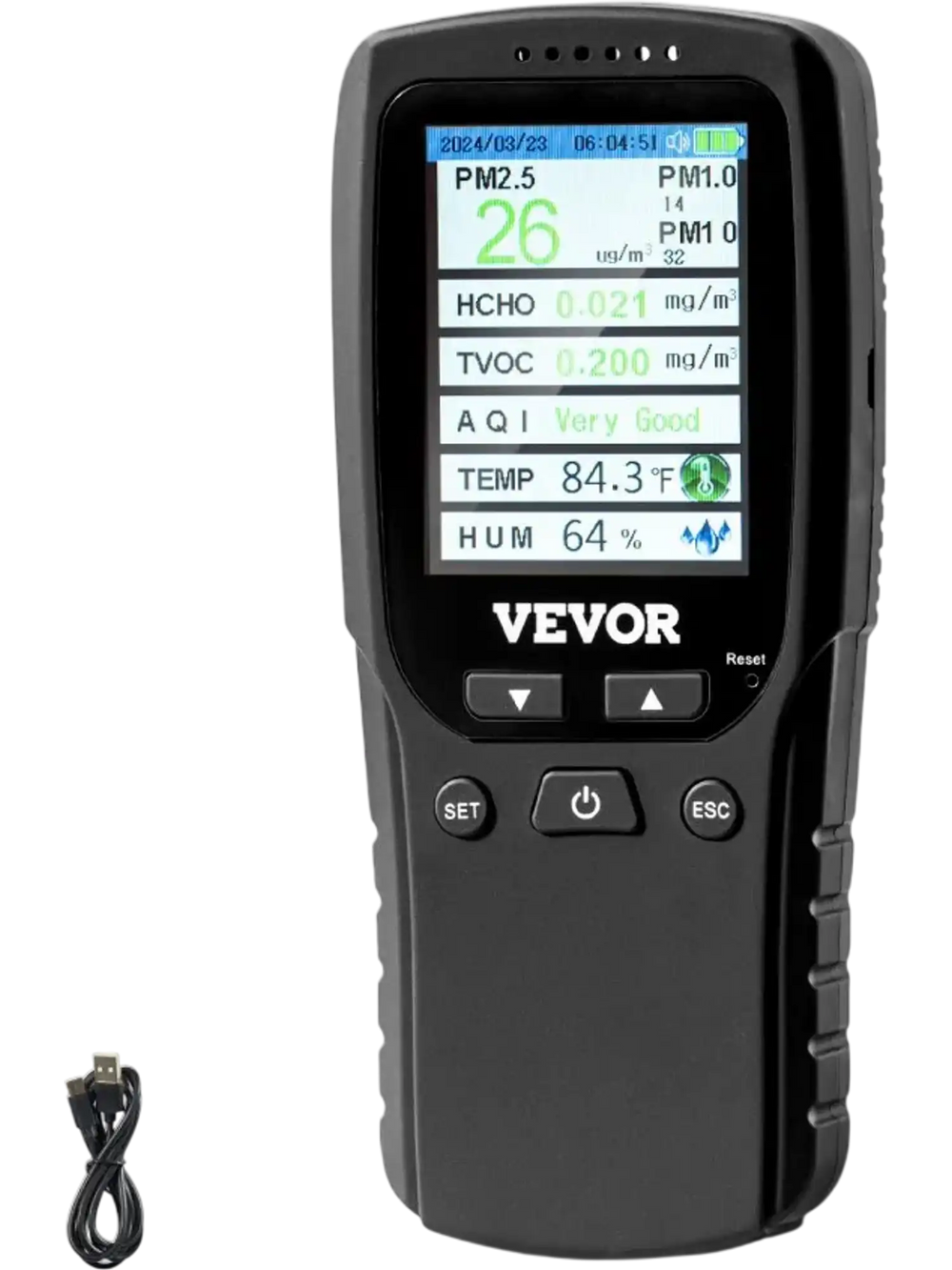 VEVOR Air Quality Monitor 8-IN-1, Professional PM2.5 PM10 PM1.0 Particle Counter, Formaldehyde, Temperature, Humidity, TVOC AQI Tester for Indoor/Outdoor, Air Quality Meter w/Alarm Thresholds