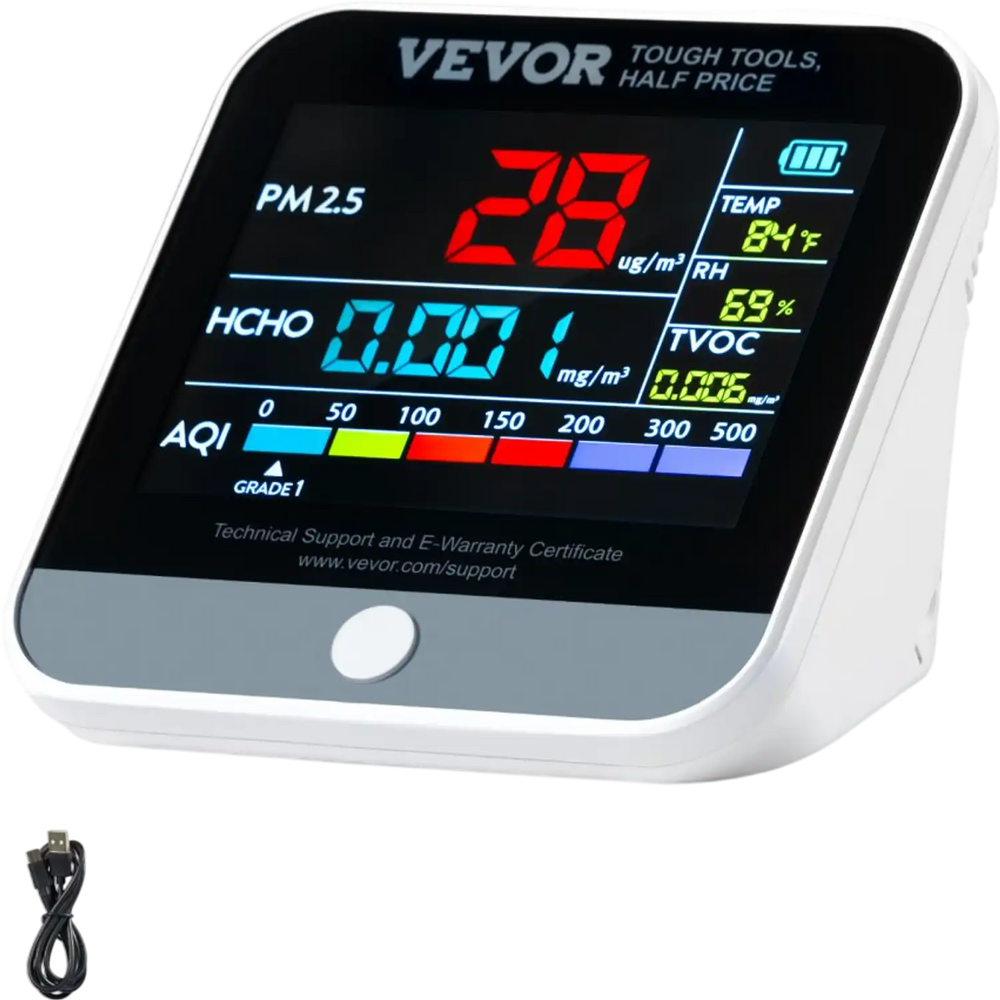 VEVOR Mini Air Quality Monitor 8-IN-1, Professional PM2.5 PM10 PM1.0 Particle Counter, Formaldehyde, Temperature, Humidity, TVOC AQI Tester for Indoor/Outdoor, Air Quality Meter  w/Alarm Thresholds