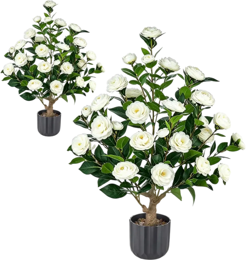 VEVOR Artificial Potted Camellias 34 in 2-Pack Fake Flower Plants White, for Porch, Patio, Entryway, & Home Decor, Indoor & Outdoor Use, Silk and PE Blooms in Pots, Ready to Display Faux Plants