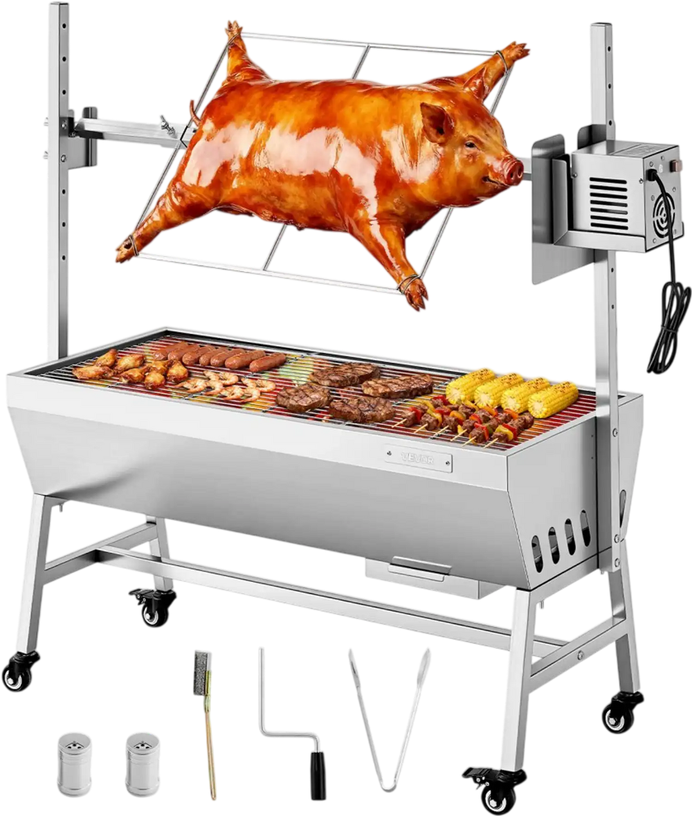 VEVOR Rotisserie Grill, 38W BBQ Outdoor Pig & Lamb Spit Roaster, Charcoal Spit Roaster with 132 LBS Capacity, Wheels & 7-Level Height, Stainless Steel Electric Rotisserie Grill Kit for Camping Outdoor
