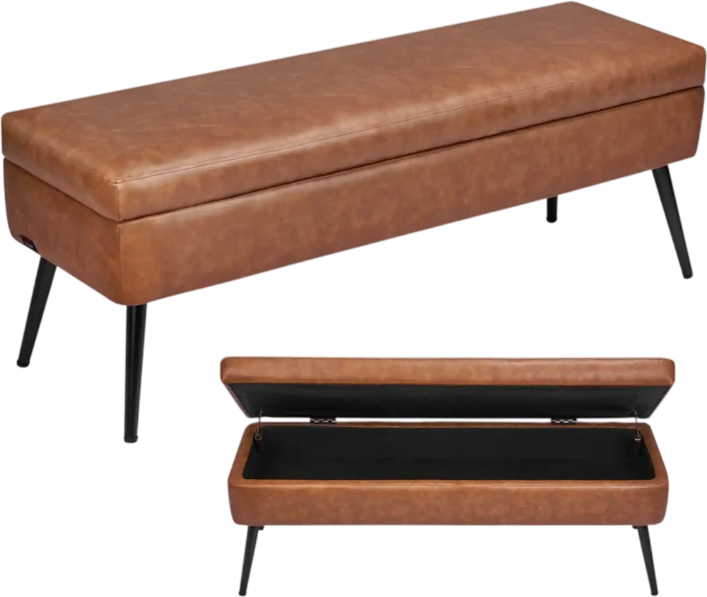 VEVOR Leather Storage Ottoman Bench, PU Leather Bench with Storage and Metal Legs, Modern Shoe Benches Seat for Entryway, Upholstered End of Bed Benches for Living Room, Dining Room, Hallway, Brown