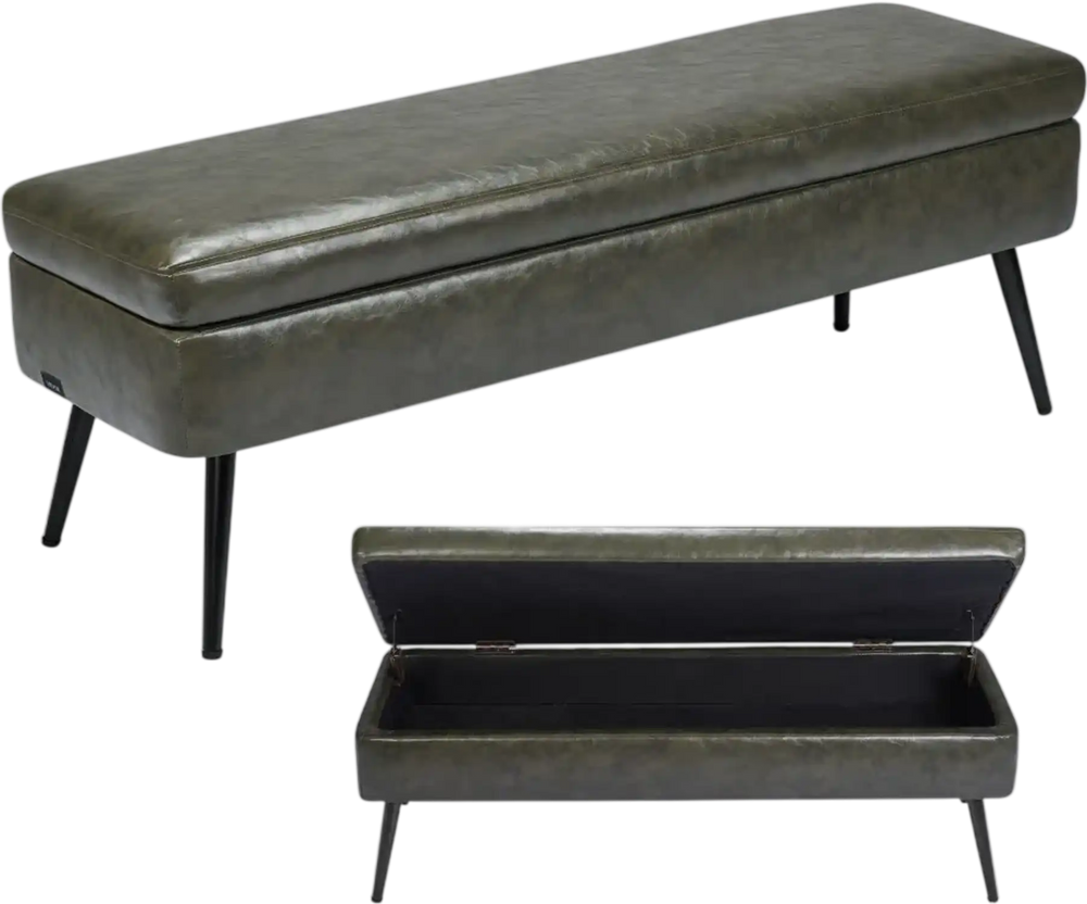 VEVOR Leather Storage Ottoman Bench, PU Leather Bench with Storage and Metal Legs, Modern Shoe Benches Seat for Entryway, Upholstered End of Bed Benches for Living Room, Dining Room, Hallway, Green