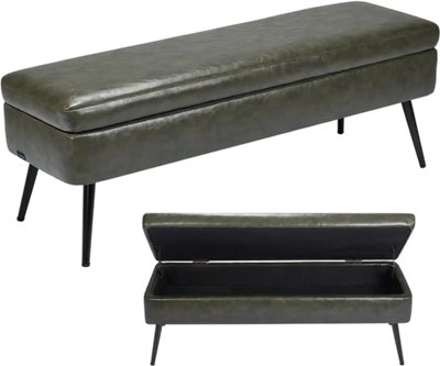 VEVOR Leather Storage Ottoman Bench, PU Leather Bench with Storage and Metal Legs, Modern Shoe Benches Seat for Entryway, Upholstered End of Bed Benches for Living Room, Dining Room, Hallway, Green