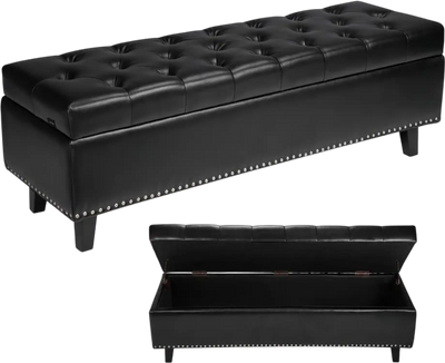 VEVOR Button-Tufted Storage Ottoman Bench, PU Leather Bench with Storage and Solid Wood Legs, Modern Shoe Benches Seat for Entryway, Upholstered End of Bed Benches for Living Room, Dining Room, Black