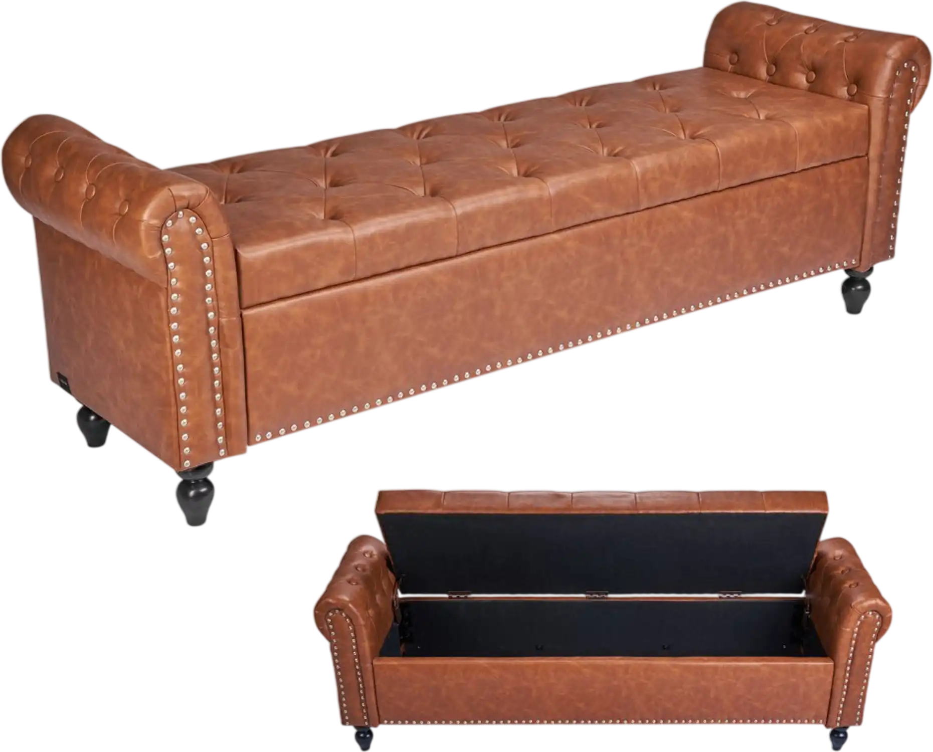 Vevor Storage Ottoman Bench Button-Tufted PU Leather Rolled Arm Brown New