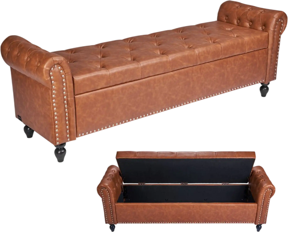 VEVOR Button-Tufted Storage Ottoman Bench, Rolled Arm PU Leather Bench with Solid Wood Legs, Modern Shoe Benches Seat for Entryway, Upholstered End of Bed Benches for Living Room, Dining Room, Brown