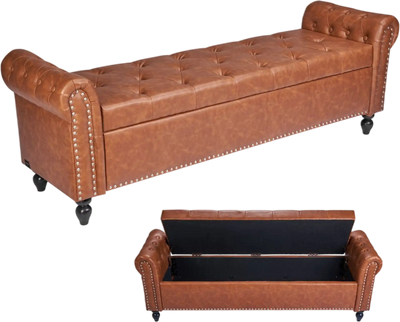 VEVOR Button-Tufted Storage Ottoman Bench, Rolled Arm PU Leather Bench with Solid Wood Legs, Modern Shoe Benches Seat for Entryway, Upholstered End of Bed Benches for Living Room, Dining Room, Brown