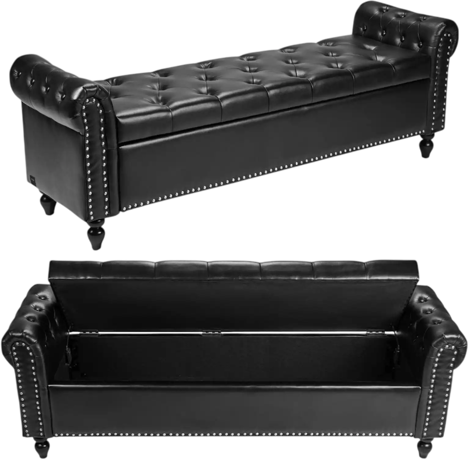 Vevor Storage Bench Button-Tufted PU Leather Ottoman Bench with Rolled Arms 65.4